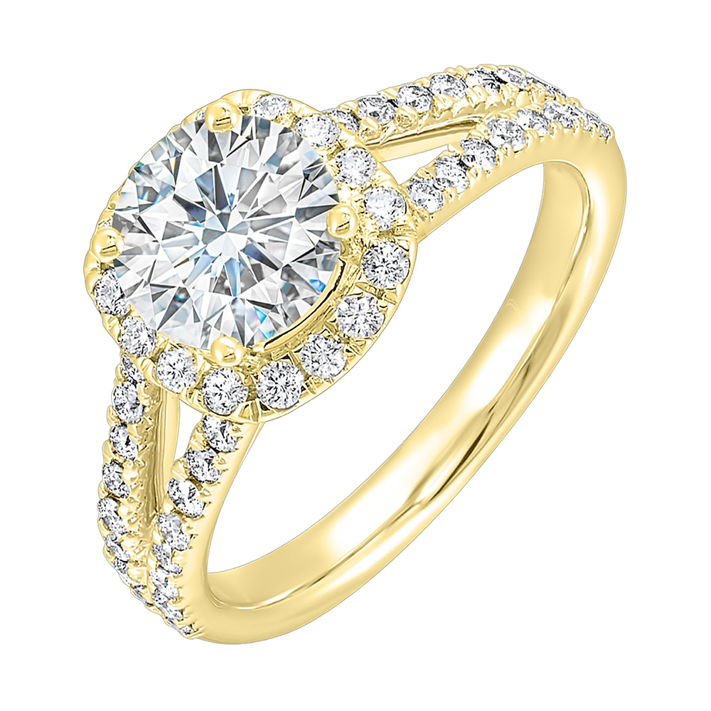 Cushion halo is a stunning way to showcase the round solitaire diamond. Modern split diamond studded shank further highlights the center.