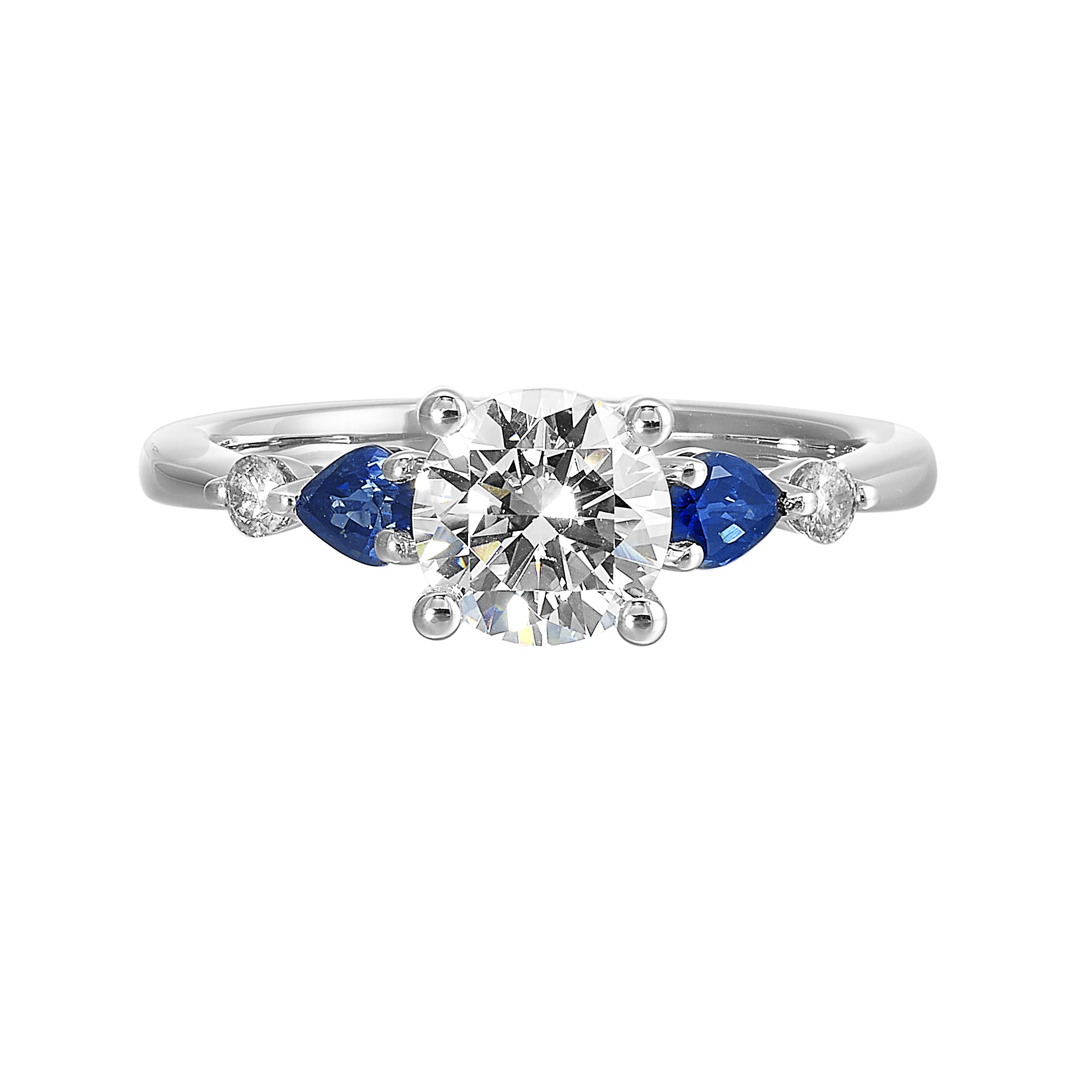 Colourful celebration! This five stone ring features round solitaire diamonds followed by pear shape colorstone and a round diamond at the end, offers a touch of color to your personality.
