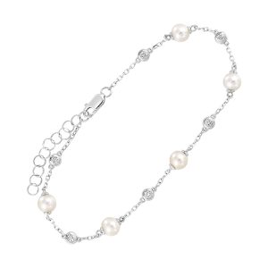 14Kt White Gold Diamond 1/5Ctw & Pearl Bracelet