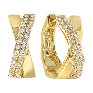 14KY diamond earrings, 1/5CTW-sleek crossover hoops in yellow gold with pavé diamond detailing.