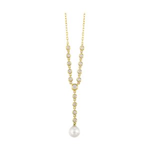 14Kt Yellow Gold Diamond 1/3Ctw & Pearl Necklace