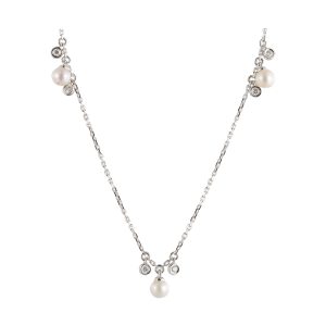 14Kt White Gold Diamond 1/7Ctw & Pearl Necklace