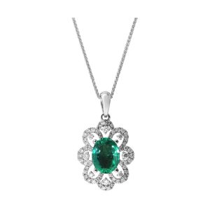 14Kt White Gold Diamond 1/3Ctw & Emerald 1Ctw Pendant