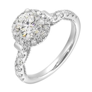 This ring's beauty speaks for itself, solitaire halo with cathedral shank look and migraine details underneath are a true resemble of your love