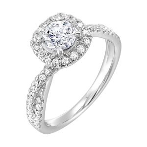 Pave diamonds embellish the loose twisted band. To top it off, diamonds in softer cushion halo surround this mesmerizing diamond center.