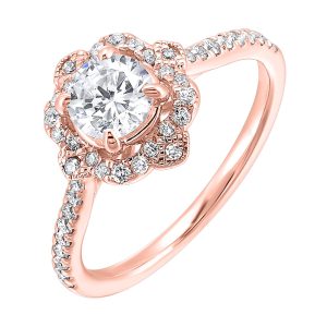 Floral halo with a clover air gap around center and delicate milgrain adds a vintage charm. It's adorned with pave set diamonds on the shank.