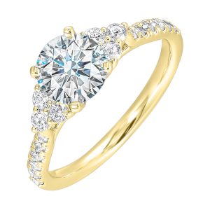 A trio of round diamonds on either side of the solitaire followed by a diamond studded shank, this ring is sure to impress her.