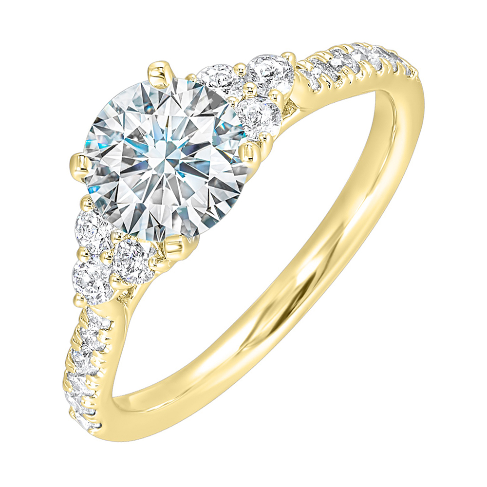 A trio of round diamonds on either side of the solitaire followed by a diamond studded shank, this ring is sure to impress her.