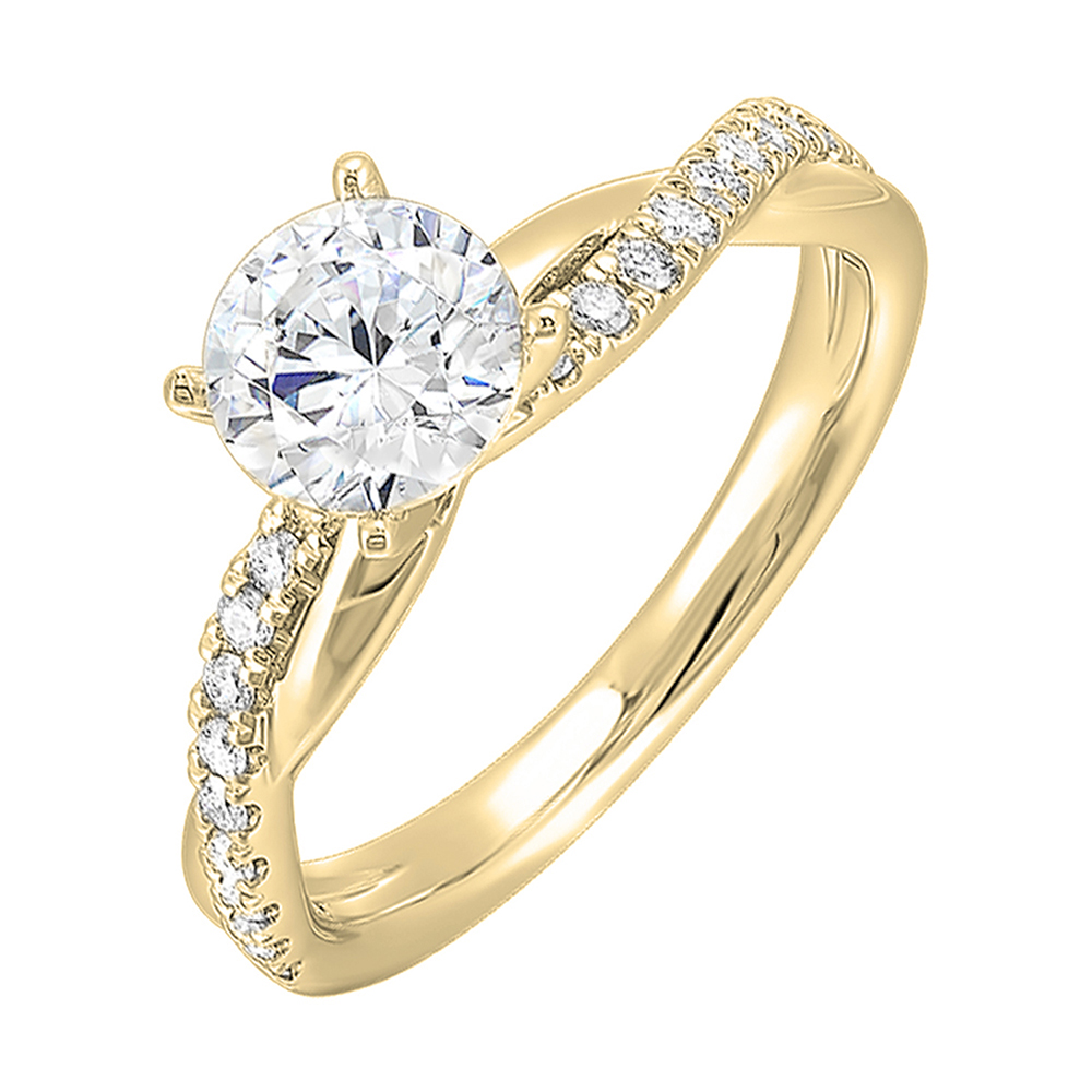 A stunning solitaire, embraced by a criss cross shank adorned with alternating flow of dazzling diamonds is sure to captivate her look.