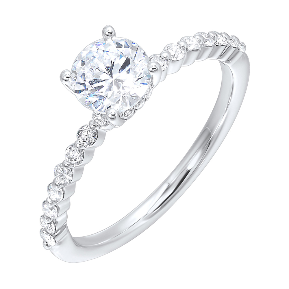 This lovely engagement ring consists of brilliant cut center diamond with single prong set diamonds along the shank and finishing touches of added diamonds details in front.