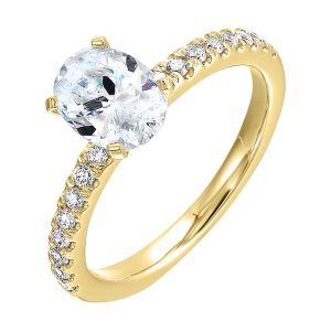 Oval center with pave set diamonds in shank makes this ring shine further.