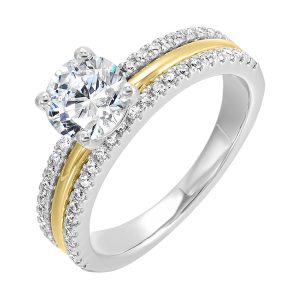 Divided into three distinct rows, this magnificient wide band solitare ring mixes with ease. The broad shank features a central row of metal with adjacent rows of diamonds.