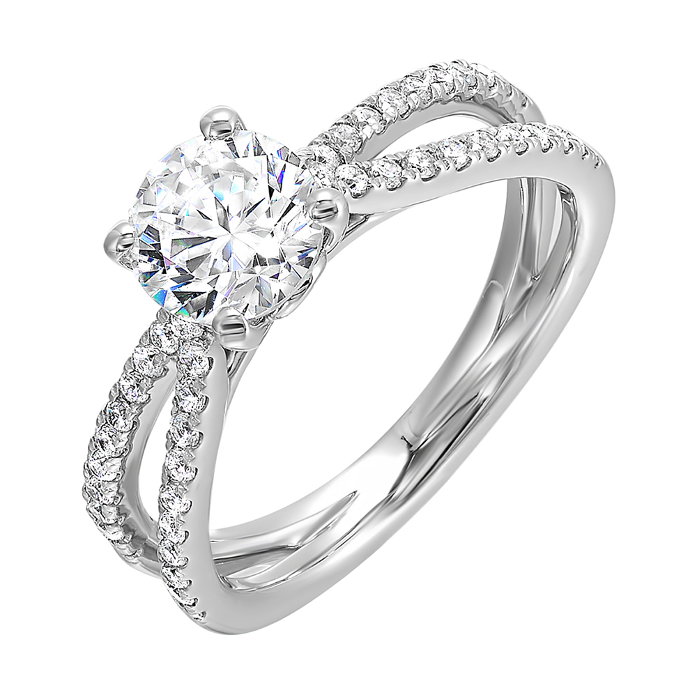 Criss cross bands of diamonds cross in a perfect X that highlights the center solitaire diamond is sure to highlight her style.