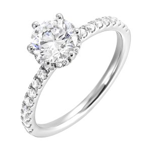 Timeless and elegant, this diamond engagement ring is a classic look she will adore, with a add on of 6 prong solitare in center.