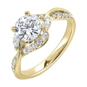 A nature inspired twist on the classic three stone ring. This ring features interwined look with play of pave diamonds and metal.