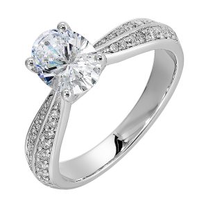 Pave set knife edge engagement ring with oval solitaire creates an elegant look with minimalist appeal.