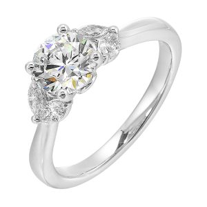 Create timeless romance with round solitaire engagement ring held between symmetrical marquise petals.