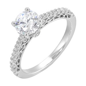 Designed with the perfect pinch on the shank, this pave engagement ring will show off your center stone beautifully with detailed side view.