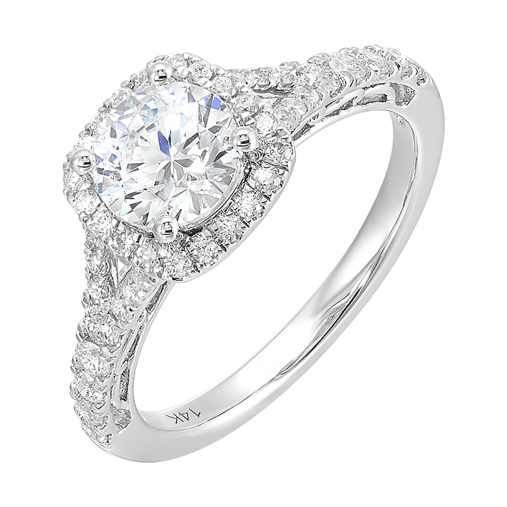 A softened cushion halo of diamonds surrounds the center solitaire with front details.Pave split shank adds a stylish, dazzling look.