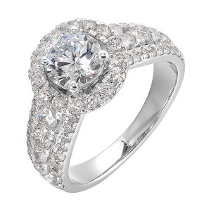 Modern and timeless, three row diamond engagement ring with bigger diamonds in center and a classy halo are sure to catch everyone attention.