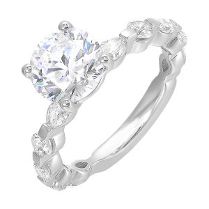This engagement ring featues a sparkling round centre, with alternating marquise and round brilliant diamonds in the band.