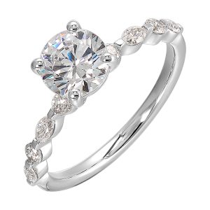 Treasure the special moment forever with marquise and round shape diamond in this sparkling round center engagement ring.