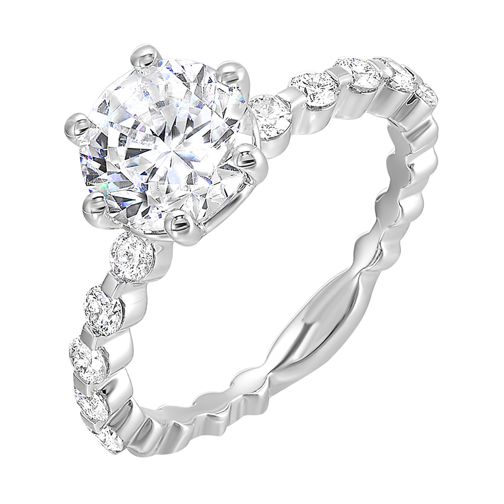 Clean and elegant with diamonds set in a single common prong along the shank shows off perfectly the center diamond set in 6 prong.