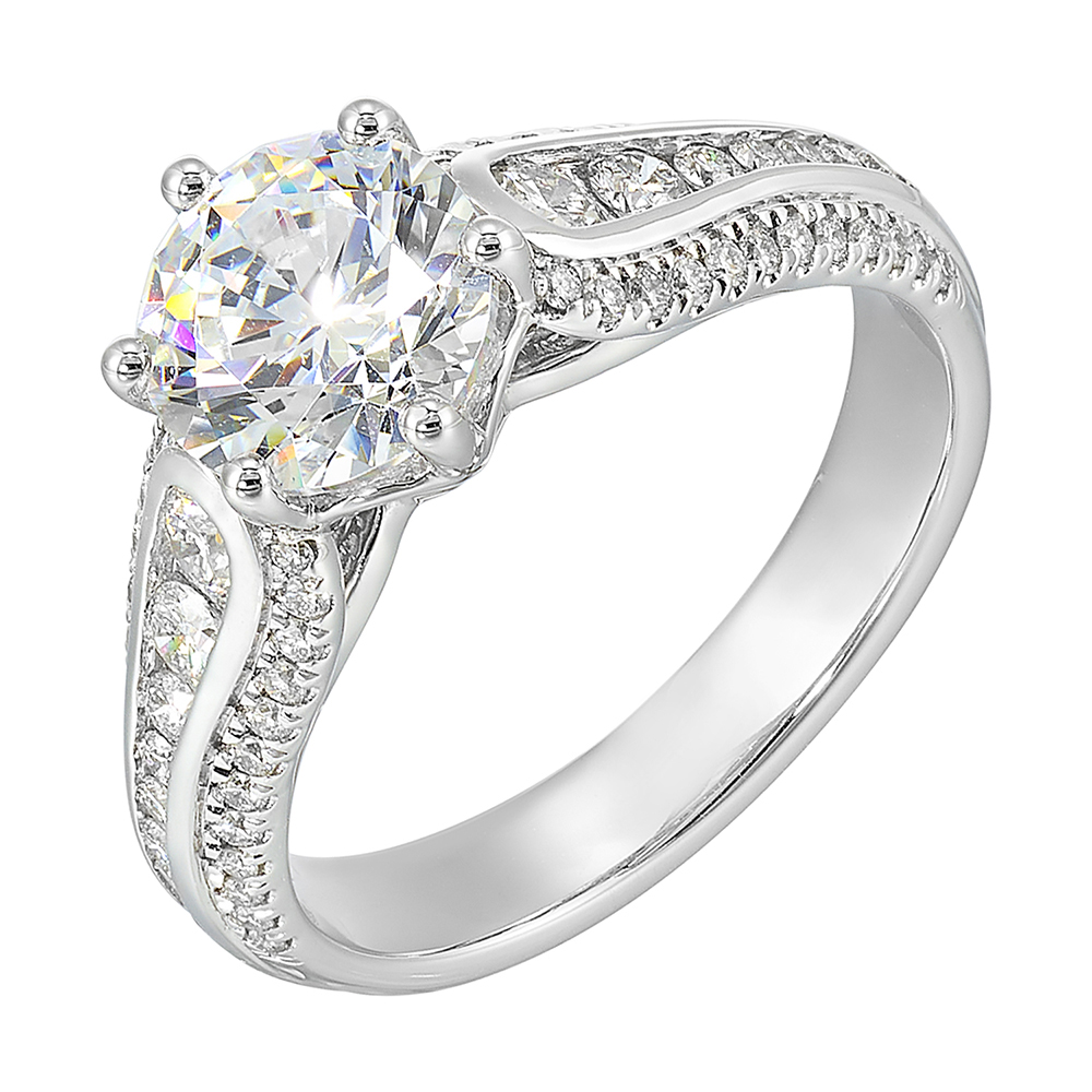 Stunning solitaire ring set in 6 prongs is a dazzling display of channel set diamonds in the center & pave on sides making the ring more appealing.