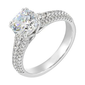 Three rows of micro pave diamonds tappering at the bottom adorns the shank highlighting the center diamond beautifully.