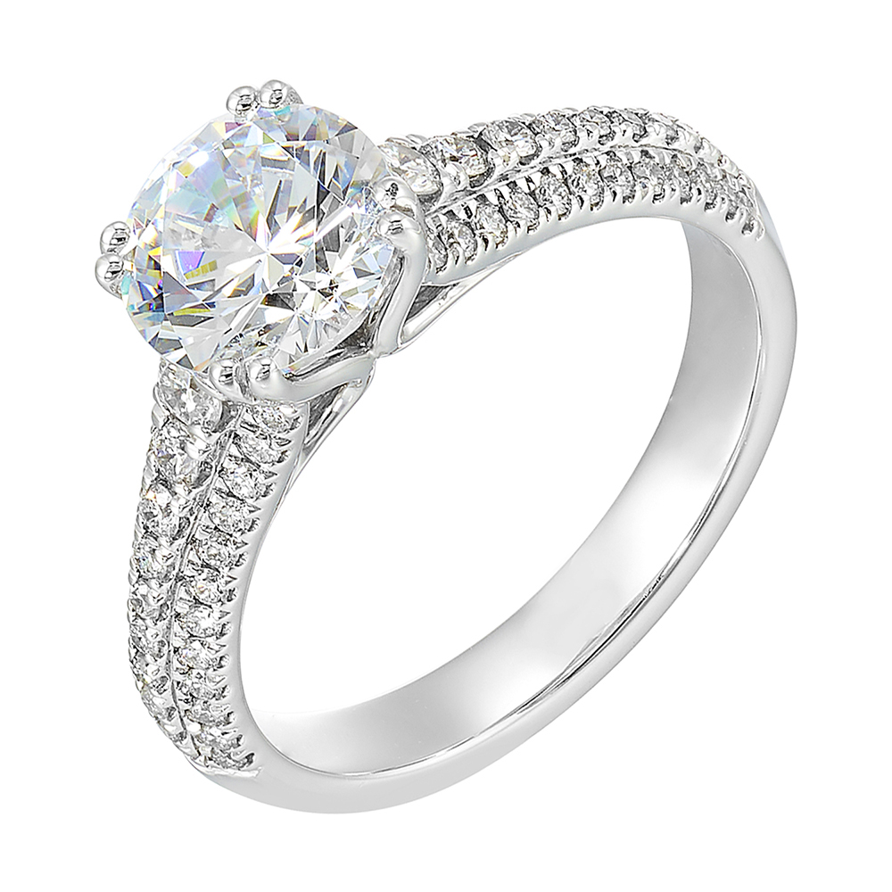 Three rows of micro pave diamonds tappering at the bottom adorns the shank highlighting the center diamond beautifully.