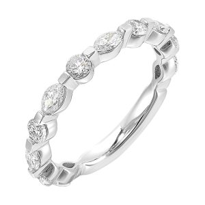 Round and marquise diamonds create an distinctive pattern across the top of this classic band is perfect to stack with ring of your choice.