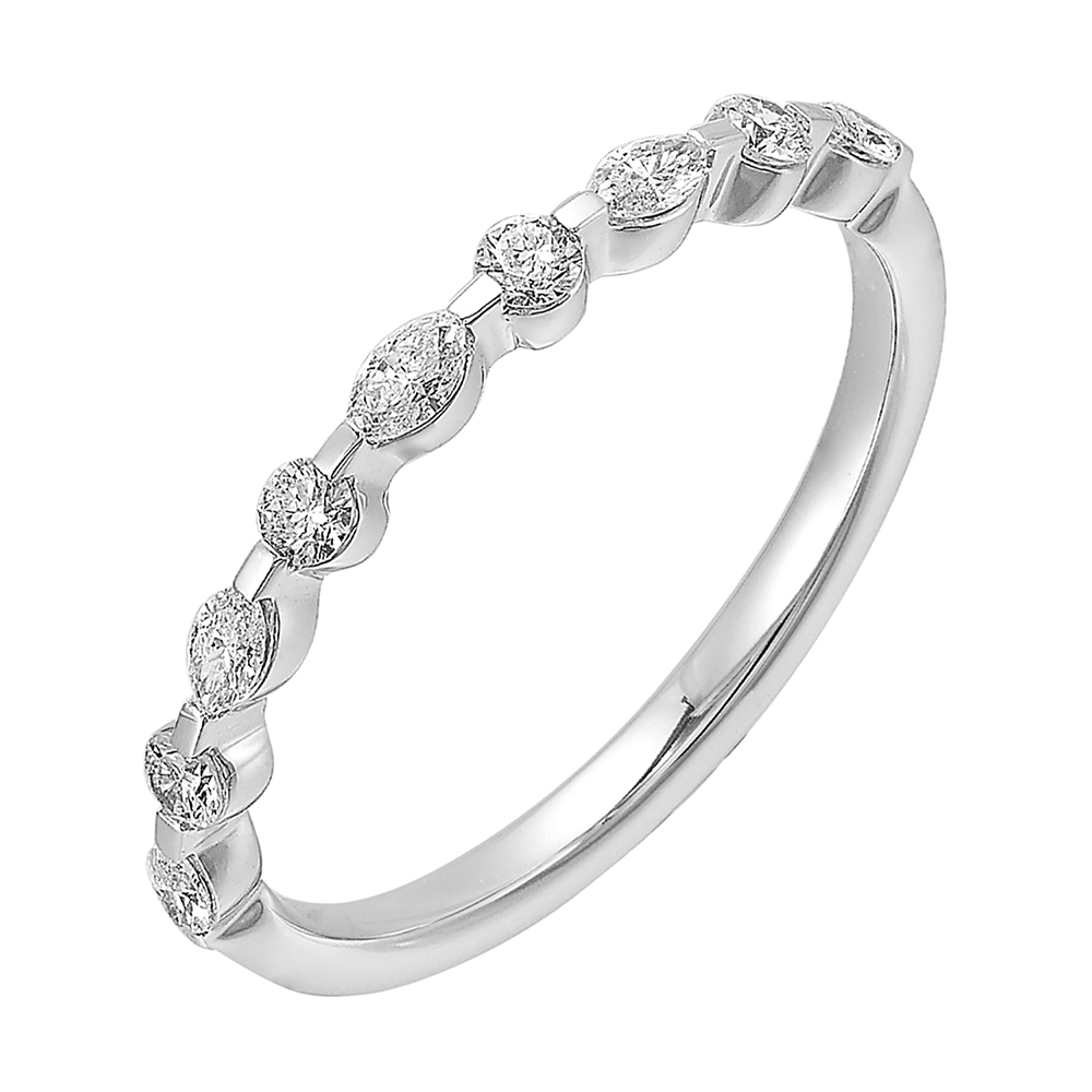 Marquise and round diamonds in alternate pattern in a captivating single prong look, dance on this band set half way along with comfort fit inside.