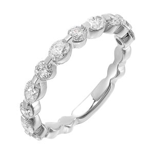 Fancy marquise and round diamonds take center stage, playfully set in a single prong look on this band with comfort fit inside.