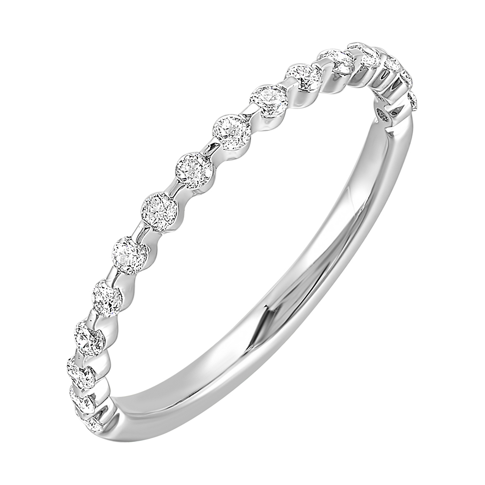 Dazzling round diamond captivates on a delicate band, enhanced by a single prong setting set half way around the band.
